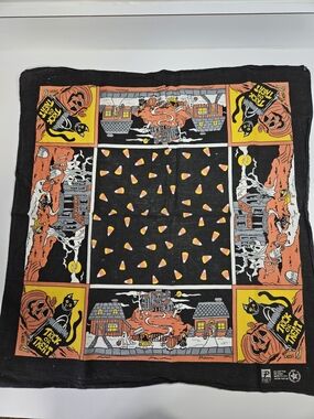 VINTAGE Halloween Spooky Square Bandana USA Made Paris Cotton Ghost Cat 21 x22"